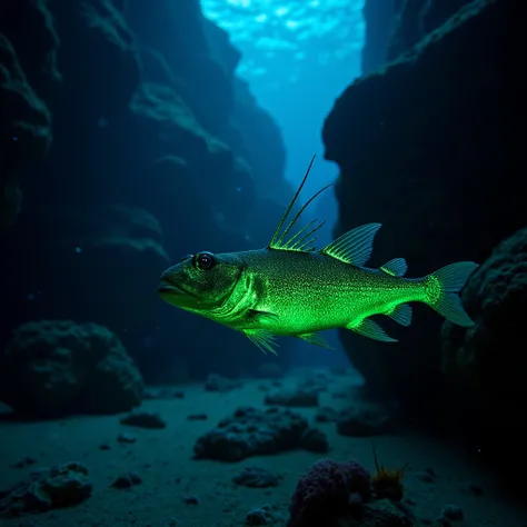 An ultra-realistic photograph of a glowing anglerfish in its natural deep-sea habitat, captured with a Canon EOS R5. The fishs bioluminescent lure glows vividly, illuminating its sharp teeth and rough-textured skin. The background shows a rocky underwater ...