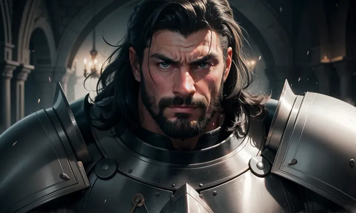 big buff muscular solid mature male knight, handsome and flushed, gruff serious tough expression on his face, black hair with some gray in it, looking at you.