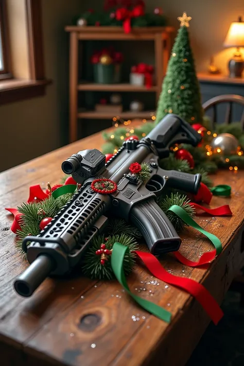 Make a machine gun on a table  ( it has to have Christmas touches)