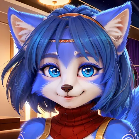 a picture of ((krystal)), Star Fox-Krystal, lovable, green eyes, ((( long blue hair 1 .3))), Decollete, anthro, Fuzzy,  detailed Fluffys fell,  detailed face , (Fluffy), Alone,   happy , turtleneck dresses  , smile,  The background is a close-up of the liv...