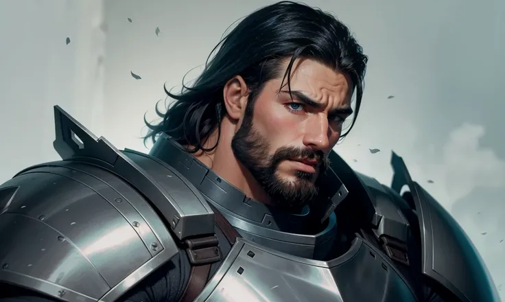 big buff muscular solid mature male armored fantasy soldier, handsome and flushed, gruff serious tough expression on his face, black hair with some gray in it, looking at you.
