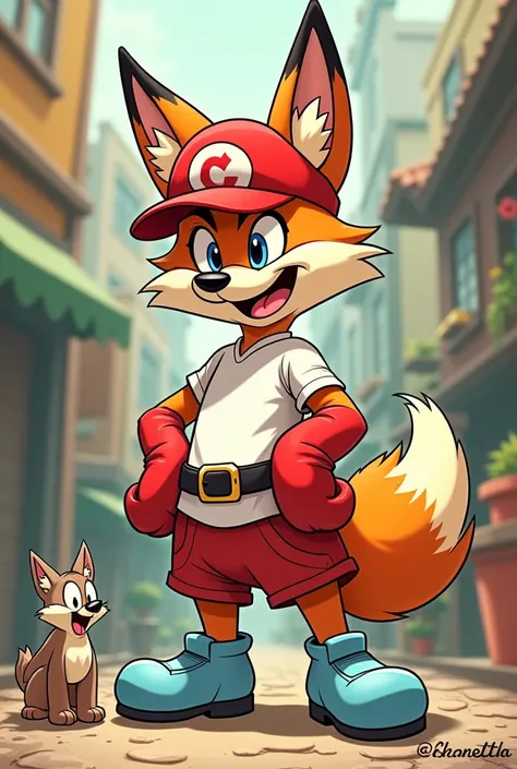 Create an animated Luney Tunes manga about a fox who wears Marios cap but without the m and only the c, a white shirt with long sleeves, red sleeves, a fleshy shorts with a black belt and very dark purple legs and light blue shoes being teased by a little ...