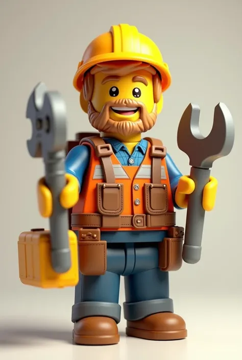  A male worker with a helmet and tools,  white skin color , brown eyes, very happy, LEGO shape , with a beard blond hair 