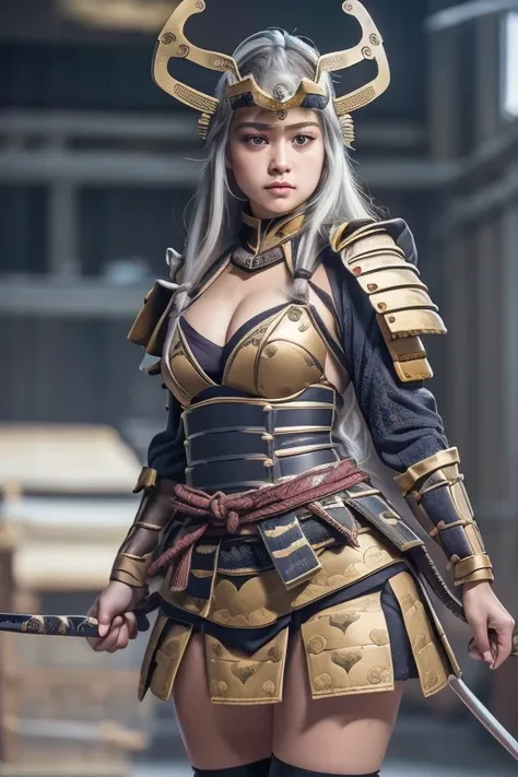  best quality, masterpiece,  ultra high resolution, (reality: 1.4), Original photo, 1 female,  beautiful semi-long blonde hair ,  beautiful and realistic character expression  ,tall stature,holding bow weapon,bird eye view,Blue eyes,Yellow helmet , sexy ye...