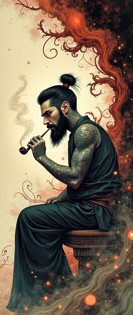 A Chinese ink illustration of a handsome Chinese man, beard, haircut, tattoos, sitting smoking opium in a strange psychedelic place. Make it look old and psychedelic.