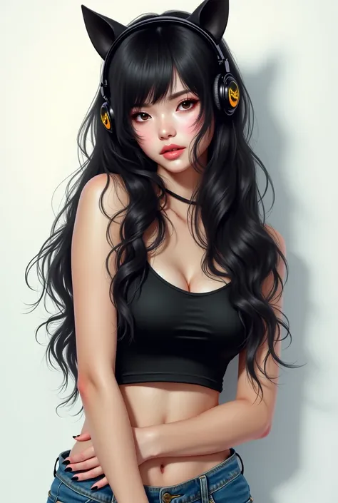 white skin brazilian woman with long black hair with cat ear headphones dressed in denim shorts and black top high resolution