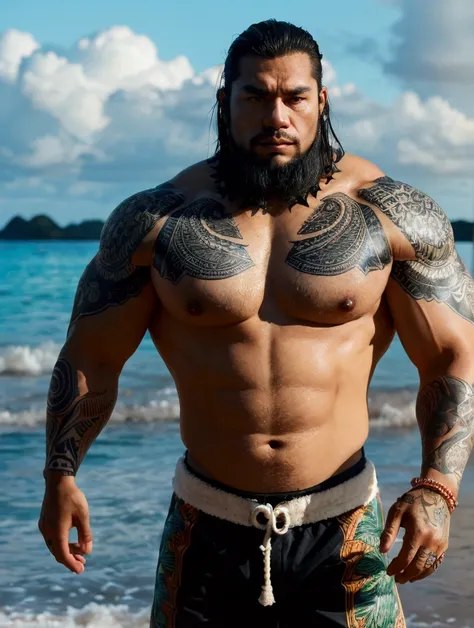 A muscular Polynesian man with detailed tattoos, wearing tit-rings and nipple rings, standing on a tropical beach, cinematic lighting, highly detailed, photorealistic, 8k, award winning