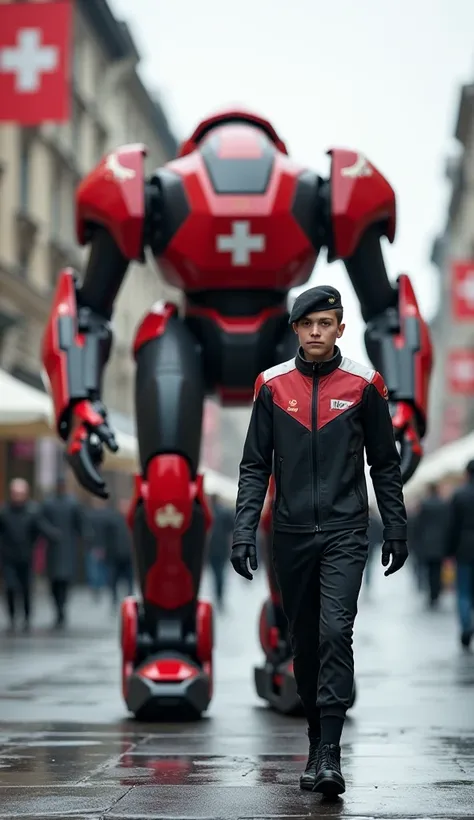 A Swiss soldier in a sharp, modern uniform with red and white accents marches proudly down a pristine urban street. Beside them is a 12-meter combat robot painted in the Swiss flag’s red and white, with a design that blends precision engineering and imposi...