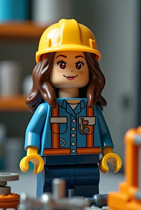 A female operator engineer with a helmet and tools,  white skin color , brown eyes, very happy, LEGO shape , Long brown hair 