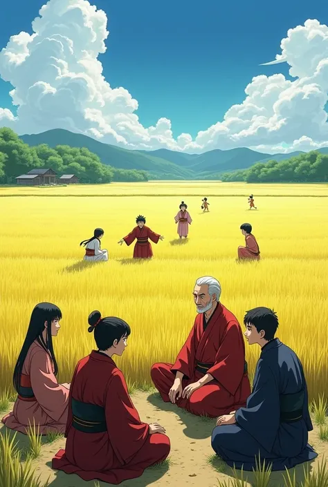  Make the anime-style image of a group of people in the Sengoku era of Feudal Japan talking to each other , a group of peasants with a woman , an old woman,  two young ren and two men sitting in front of a rice field talking while the ren go by playing and...