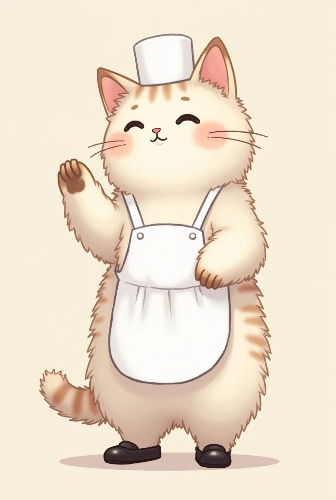 A very fluffy ermint-white cat ,  stands on its hind legs wearing a dress on top of a white apron like a waiter ,  on her head the waiters white hat on her feet black lacquered shoes stands smiling slightly open her mouth