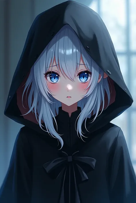 a  girl, anime style,  white-haired, blue eyes, black hooded cloak