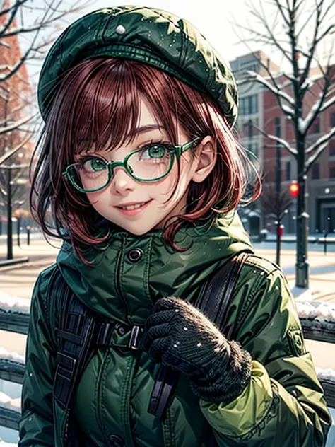 Short,  red hair ,  green eyes ,  glasses with metal frame, green hat , green winter jacket , green mittens,  smiling girl in a snowy park.