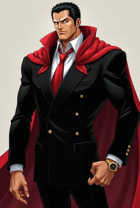  A Zoro with a firm and cold look with a very muscular body and a very elegant suit black tuxedo red tie and red scarf, a very beautiful gold watch on his left wrist  