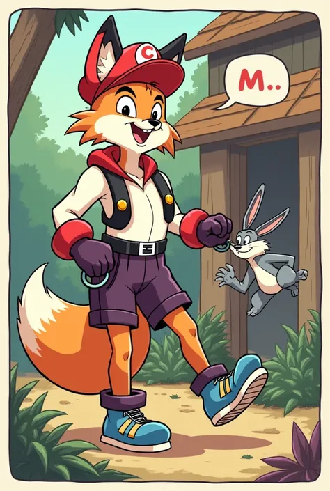 Create a ten-page animated Luney Tunes comic about a fox wearing a Mario cap but without the m and only the c, a white shirt with long sleeves, red sleeves, a fleshy shorts with a black belt and very dark purple legs and light blue shoes being teased by a ...