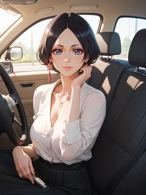 full view, anime, unohana retsu is teacher, attractive posed, in the car seat, noon light, (masterpiece, best quality, highly de...