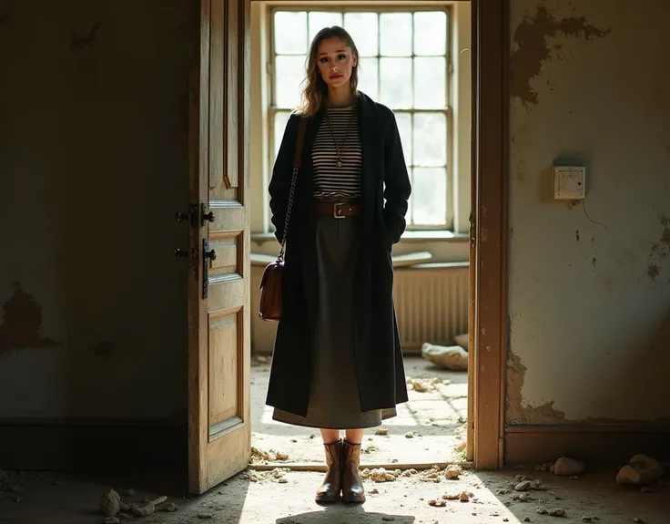 ultra realistic image of a woman, wearing a black overcoat, black and white striped dress shirt, brown leather belt, long wool skirt, leather turds, leather shoulder bag, standing in the doorway, positioned in the middle of the open door, with her hands in...