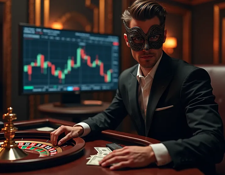 roulette wheel and money with trading chart with handsome man with gothic mask very luxury lifestyle with dangerous background