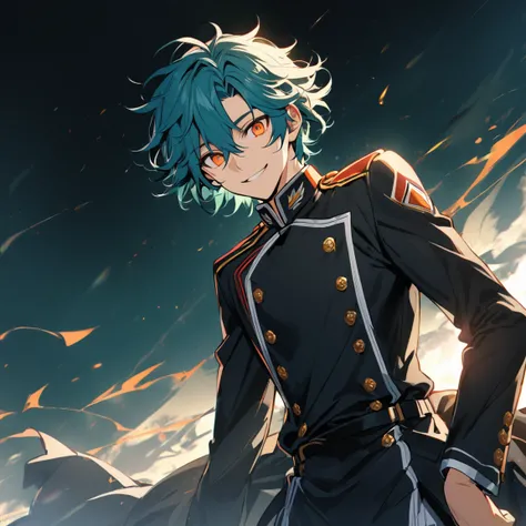 1 boy, Turquoise hair, orange eyes, black cloth, handsome, wearing uniform, orange eye liner, smiling, detailed, young boy, ahoge, messy hair, very messy hair, short hair