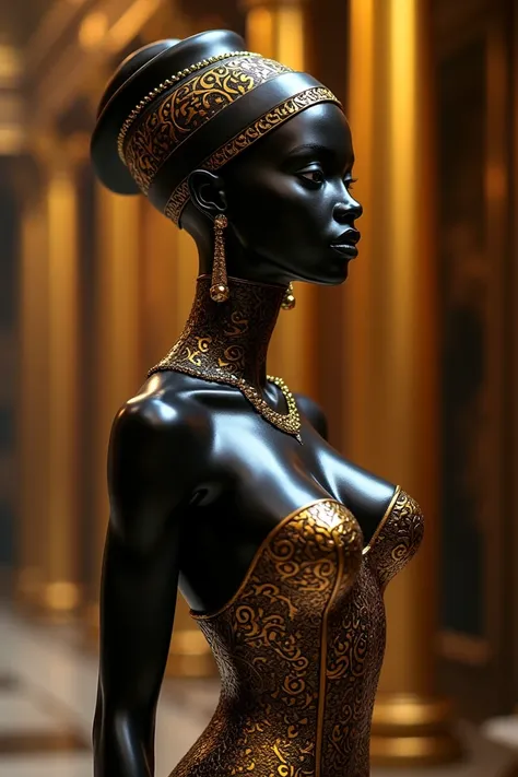 Luxurious black and gold statue of a 
Young African woman