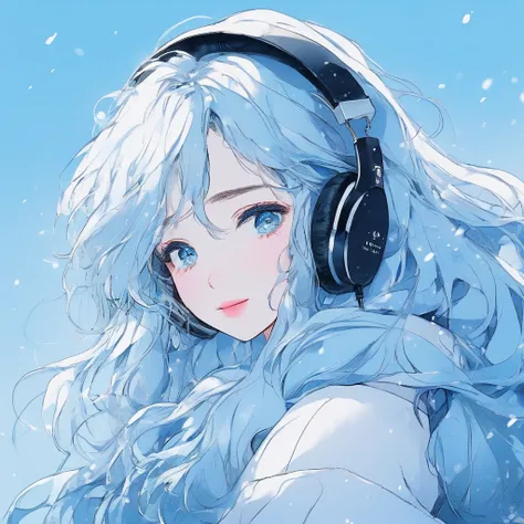 ((masterpiece, best quality)), 8k, Anime , Realistic ,sketch,  anime style portrait  , (((Snow anime ))),  blue gradient background,  off-shoulder knit ,  tousled medium hair in neon colors, lip,  large earrings ,  Wearing Headphones , Texture Trim, Canada...