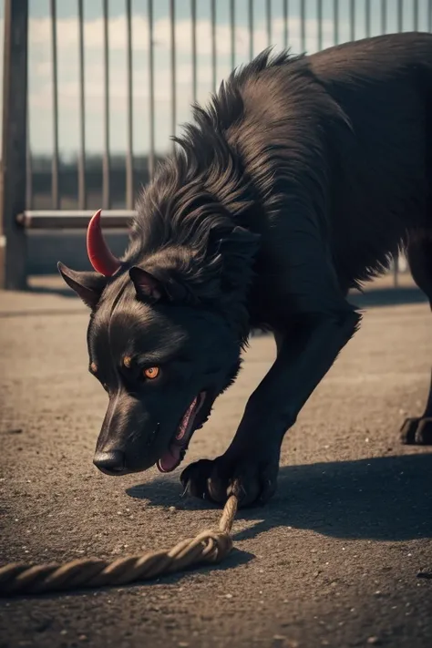 a hellhound playing tug of war with Satan with a rope, masterpiece, photorealistic