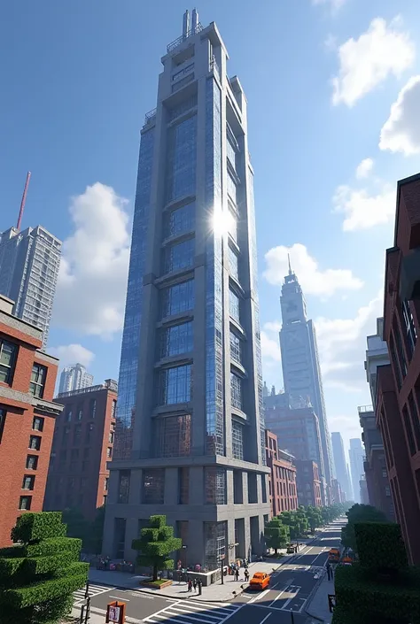 Build a creative normal Minecraft downtown skyscraper