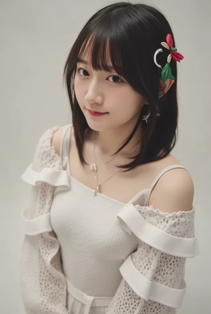 ( best quality, masterpiece,  high definition ),  beautiful 18 year old woman 。 Shes wearing an off-the-shoulder dress with white ruffles that only covers her chest.。Release the shoulder、優しいsmile、Show me your teeth。Short bob straight hair 、( Voluminous sho...