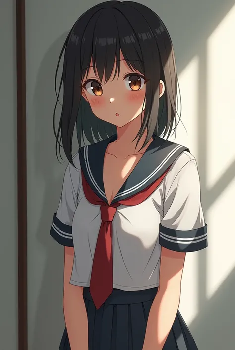 An anime girl in a naked Japanese school uniform