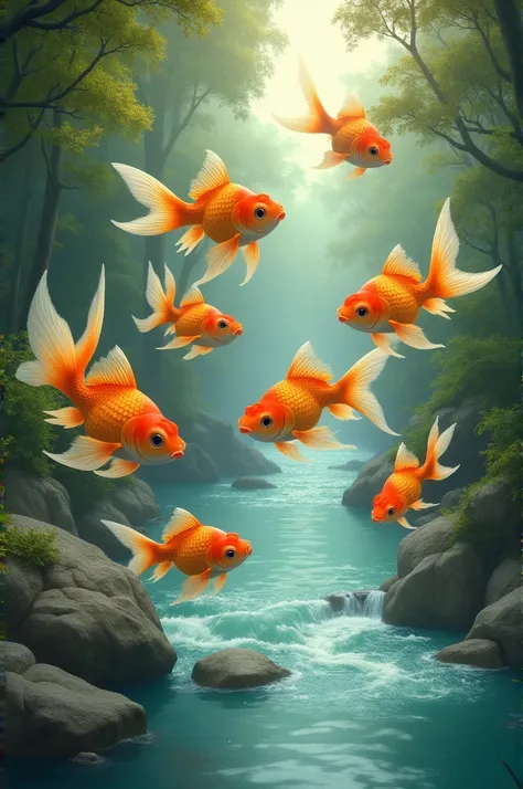 Goldfish jumping in the river