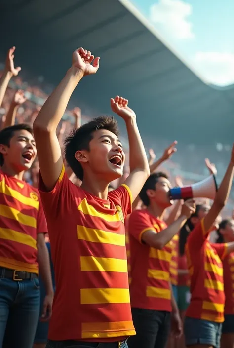 Young futsal fans in the stands in yellow and red shirts with horizontal stripes and standing next to the drum there is also a supporter with a megaphone