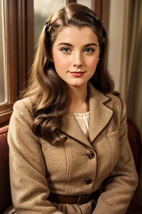 Medium view, of 24 year old, face portrait, jewish features, long hair, brown hair, 1940s hair style, 1940s clothing, in cozy 1940s home.