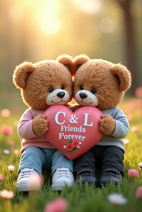  Hyperrealistic 3D 
Two cute fluffy teddy bears the first is wearing a pink sweatshirt,  light blue jeans and white Adidas sneakers ,  the second is wearing a light gray sweatshirt ,  black jeans and black sneakers .  They sit close together on a flower me...