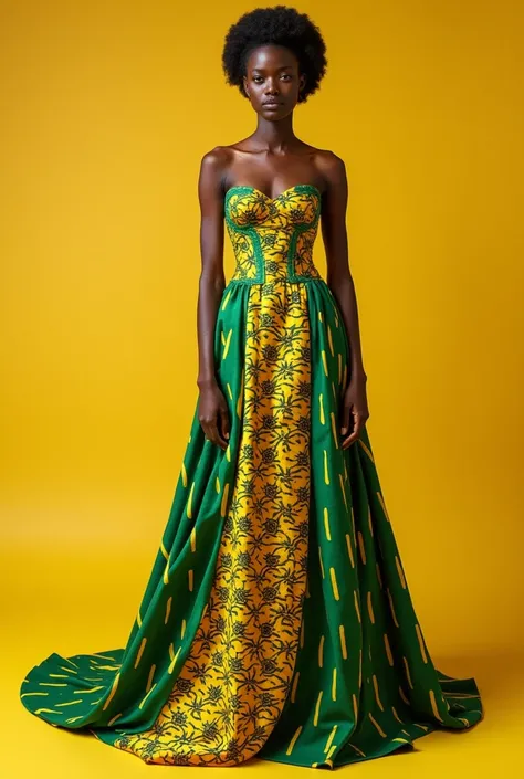 Design a dress with kente, it should be a straight dress with my davourite color yellow and green with a courset 