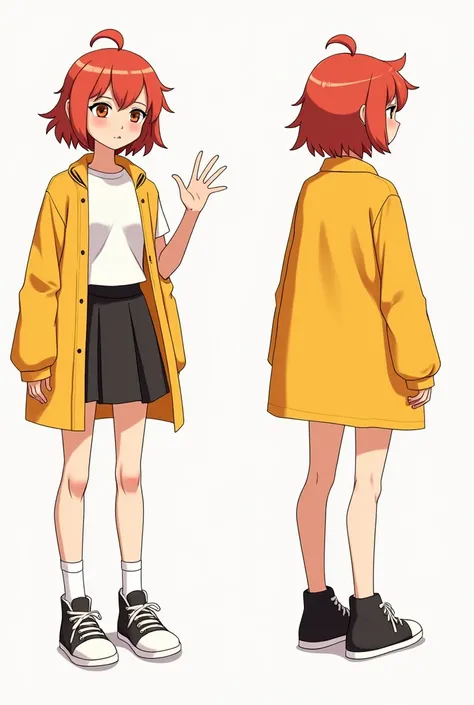 ,  teenager,  light red hair, slightly messy short hair,  brown eyes ,  wears a simple white short sleeve shirt, a short black skirt , She wears a yellow coat ,  Drawing style , different angles of the character