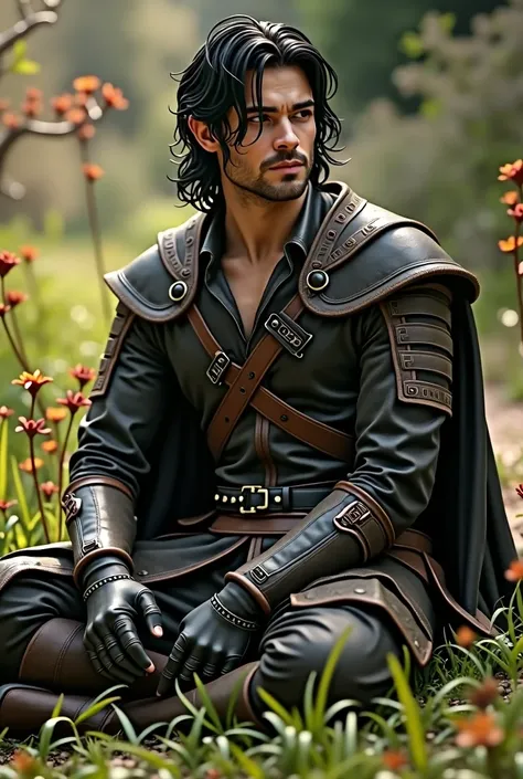 (photorealism:1.2), handsome elf man, sitting on grass, leather armor, black hair like Rhysand, acotar, outdoors, soft lighting, plants in background, ,beautiful nature, relaxed pose, realistic, intricate details, warm colors, by Greg Rutkowski, by Alphons...