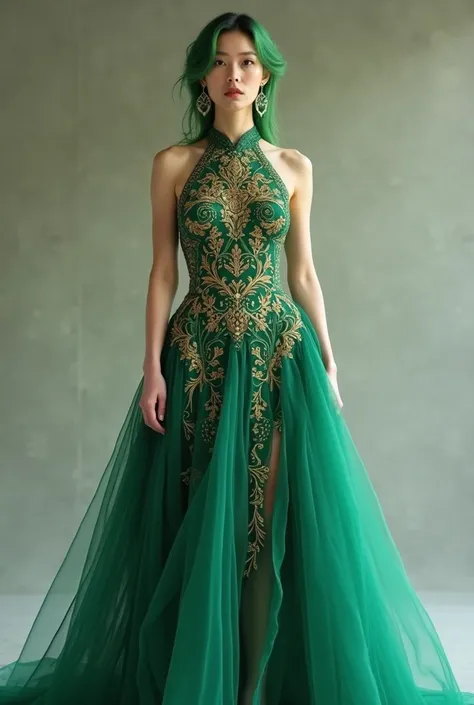 Robe de mariée vert deau avec broderies fines dorées sur le haut uniquement qui représente de fines fleurs et lianes, monte jusquau cou, ouverture pour une jambe et pas de manche ni de tissus sur les épaules  sur une femme aux cheveux verts émeraude 