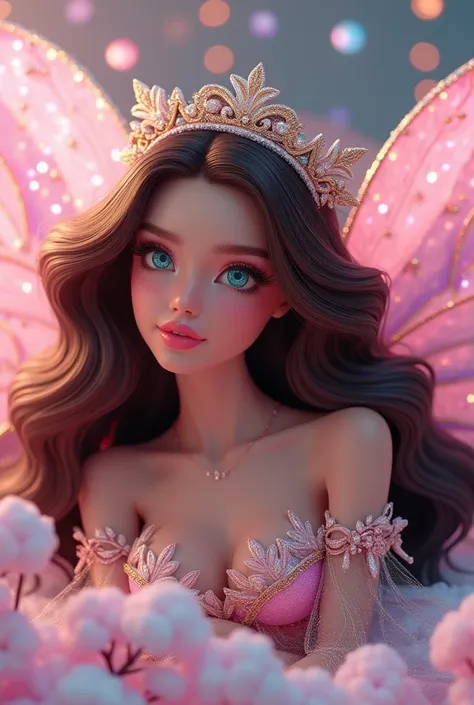 A beautiful brunette winter Fairy Barbie style 3d with amazing angelical expressions she got extra long hair color dark brown so shimmering she looks like goodness her eyes color turquoise crystalline like water reflection so sparkling with long eye lashes...