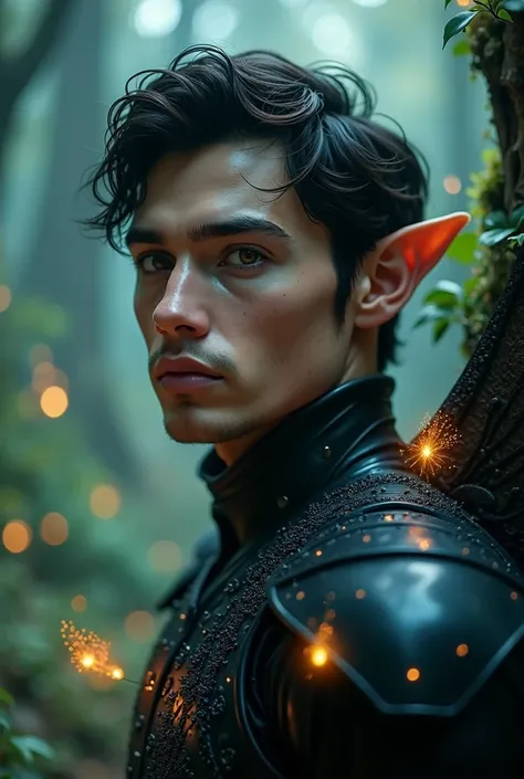 An ethereal elf man figure with delicate, luminescent black wings, surrounded by glowing, magical creatures in an enchanted forest Subsurface skin scattering, black armor, detailed background, ([Elizabeth Olsen|Anne Hathaway|Selena Gomez]:0.8), handsome fa...