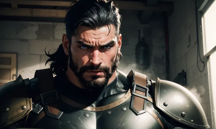 big buff muscular solid mature-aged male soldier taking off his armor, grizzled, gruff serious tough expression on his face, black hair thats graying, looking at you.