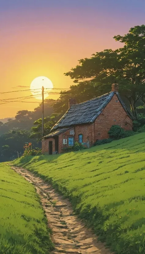 (Minimalism:1.4), Draw a simple Tintin style art, an old brick hut!!!,,         on a hill!!! a muddy road faintly sunset studio ghibli, miyazaki,  , Makoto Shinkai!!, anime movie background best quality best of SeaArt HD anime-realist!!!!! ultramicrodetall...