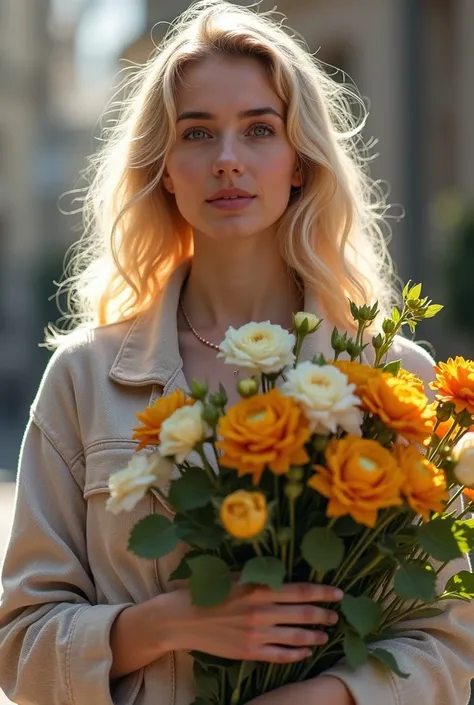 blond woman holding a bunch of flowers and a newspaper, by Maksimilijan Vanka, with flowers, magdalena radziej, moleksandra shchaslyva, alina ivanchenko, yelena belova, by Emma Andijewska, renata glasc, marina federovna, aleksandra waliszewska