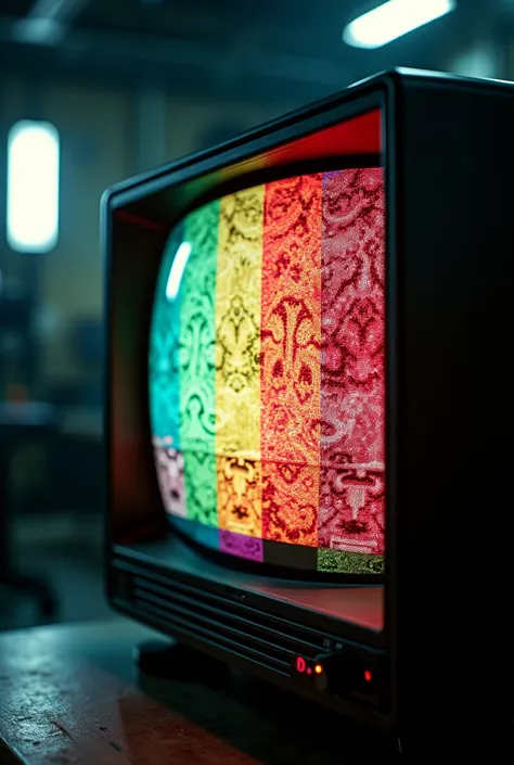 (Close-up of an experimental RCA television showing a color test pattern)