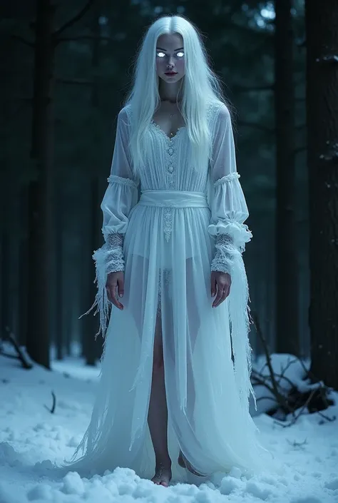 The Snow Maiden is like a demon of winter.
Icy transparent skin made of ice, glowing eyes, white hair, Old Slavic shirt, barefoot, black background of the forest. Full-length, whole body.
Dark fantasy, hardcore, horror.