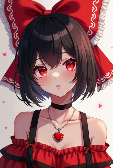 A femboy with fair skin, red eyes and a large red ribbon, his hair is black and is short, he wears a dress with black stripes and a necklace with a red heart.