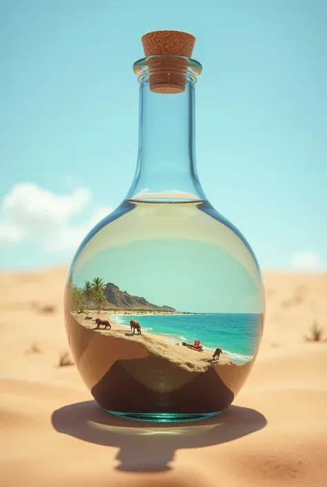 A glass bottle with a big belly is half filled with clear water, in the water there are little humans and animals on a beautyfull island, the bottle lies in the dessert, photorealistic, looks like resolution 8K