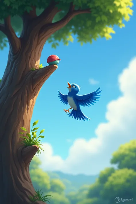 Here’s an English prompt for the scene where the bird, "Chupkali," takes its first flight:

Prompt:
"A small, bright blue bird named Chupkali stands at the top of a tall tree, looking nervously at the ground below. The wind gently blows, and the bird’s win...