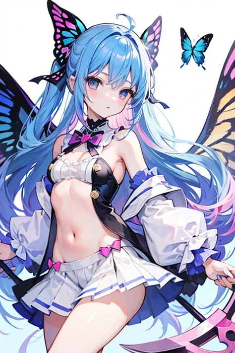 Flat-breasted girl with butterfly wings two tall pink hair bows with blue gradient, with a scythe 