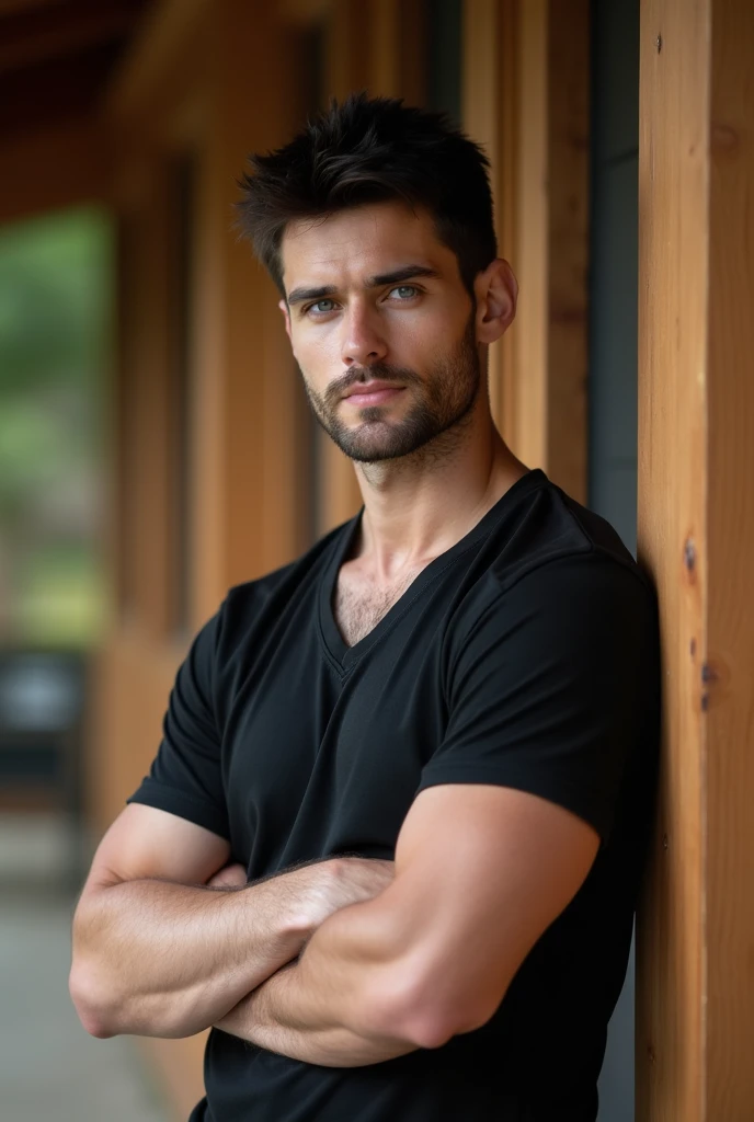 White man with black hair, muscular, thin, high, ,  bright blue eyes and normal black clothes ,  he is leaning against the pillar of a wooden house, his arms folded in front of his chest ,  his relaxed look and a corner smile 