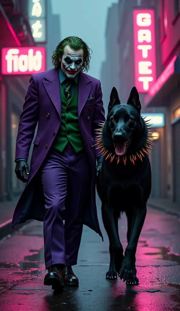 create an image of the villain joker walking alongside his enormous black cane corso with a thick, spiked collar. the joker has ...